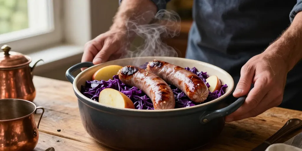 chou rouge aux pommes et saucisses de montbéliard